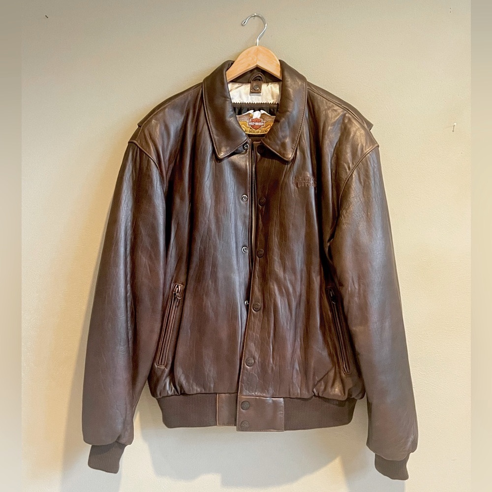 New Harley Davidson Brown Leather Embroidered Motorcycle Bomber Jacket XL